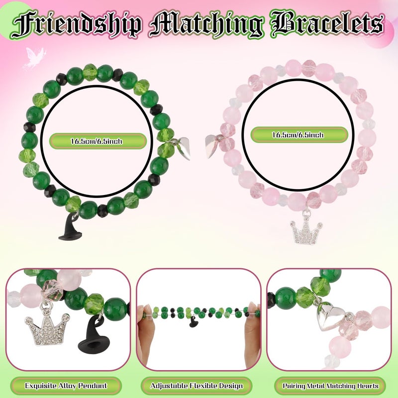 CUBACO 4Pcs Wicked Friendship Hair Accessories Matching Wicked Bracelets Set Pink and Green Hair Bows for Women Rhinestone Jewelry Bracelets Musical Movie Fans Decor Birthday Party Favor Supplies - Image 3